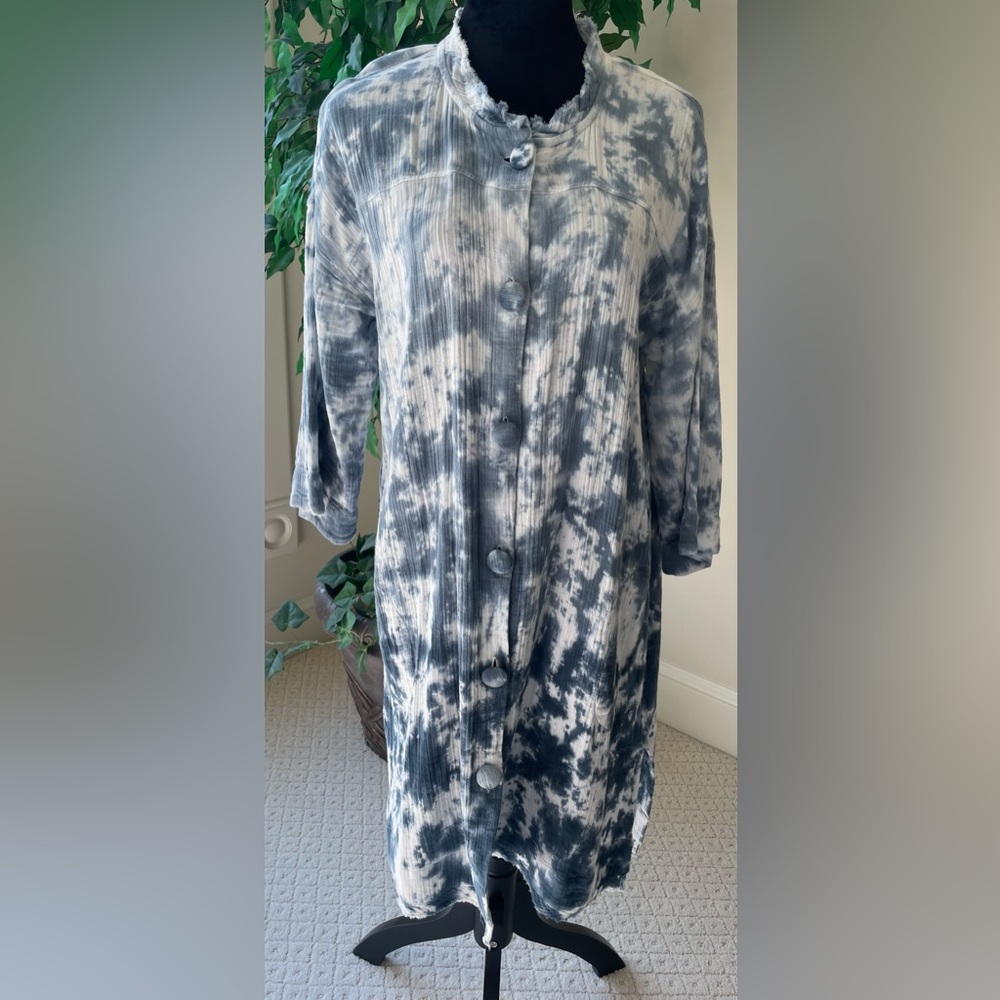 Soft Surroundings Women's Blue Tie Dye 100% Cotton Islander Shirt Dress